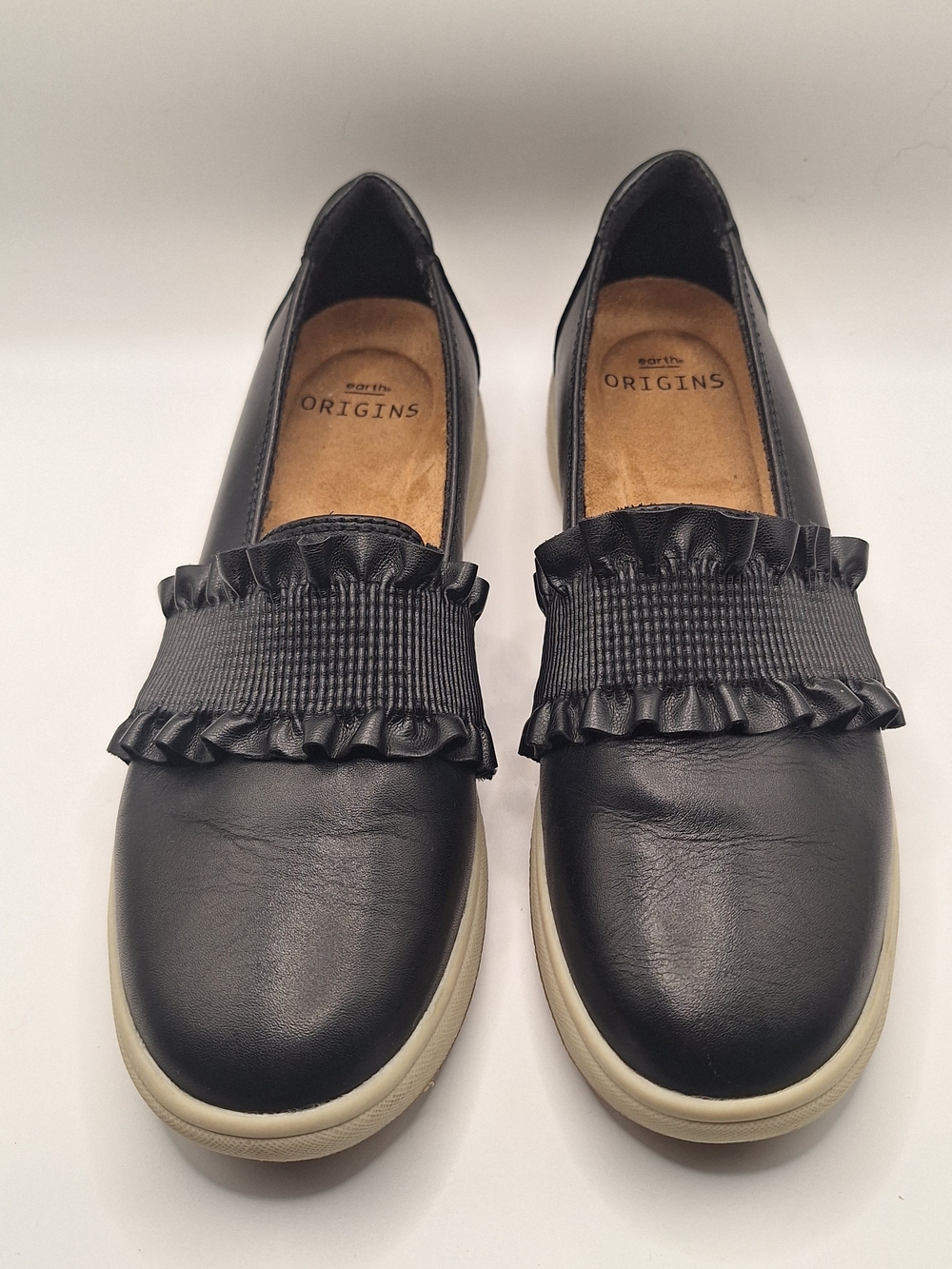 Earth Origins Ellis Women's Black with Cream Soles & Ruffle Flats
